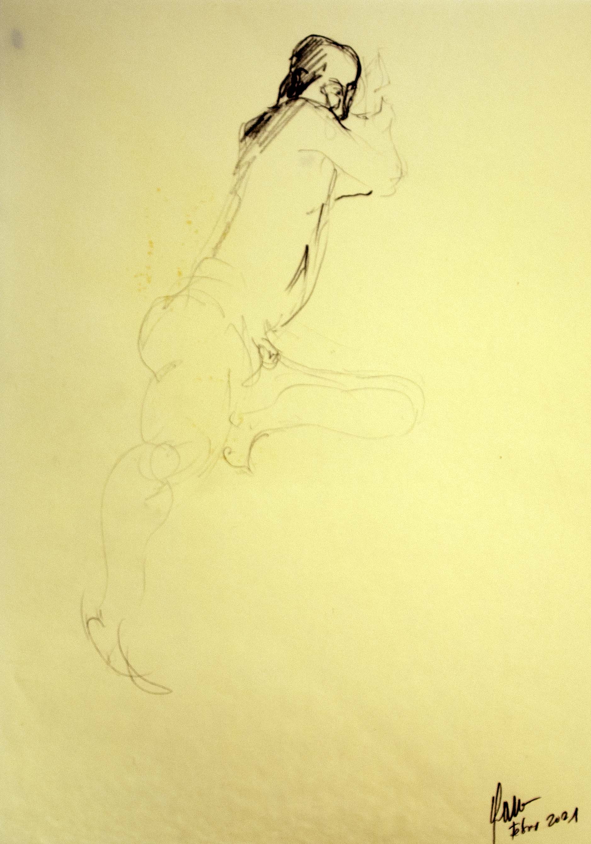 Home d'esquenes dempeus 2 — Grafit i oli de llinosa sobre paper